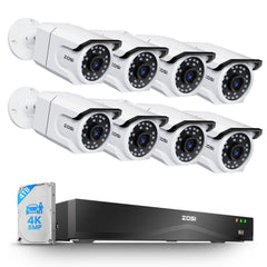 ZOSI security camera system with8cameras and a NVR on a white background