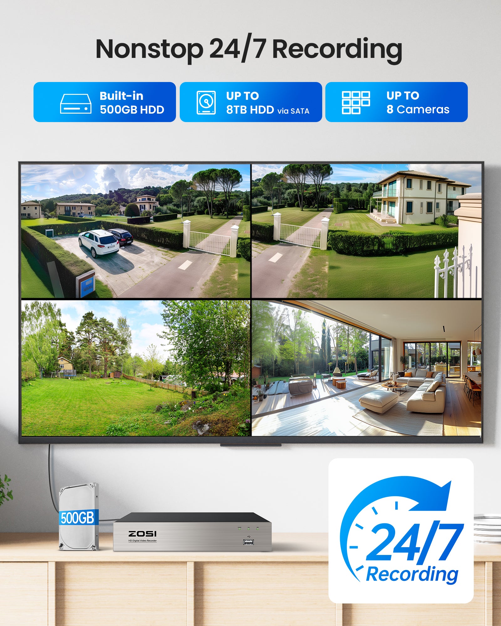 C280 5MP 8CH PTZ Security System with Audio + 500G HDD - Zosi