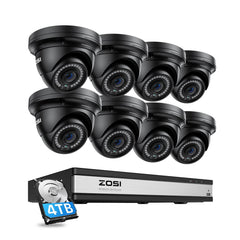 ZOSI security camera system with 8 black dome cameras and a DVR with 4TB hard drive on a white background.