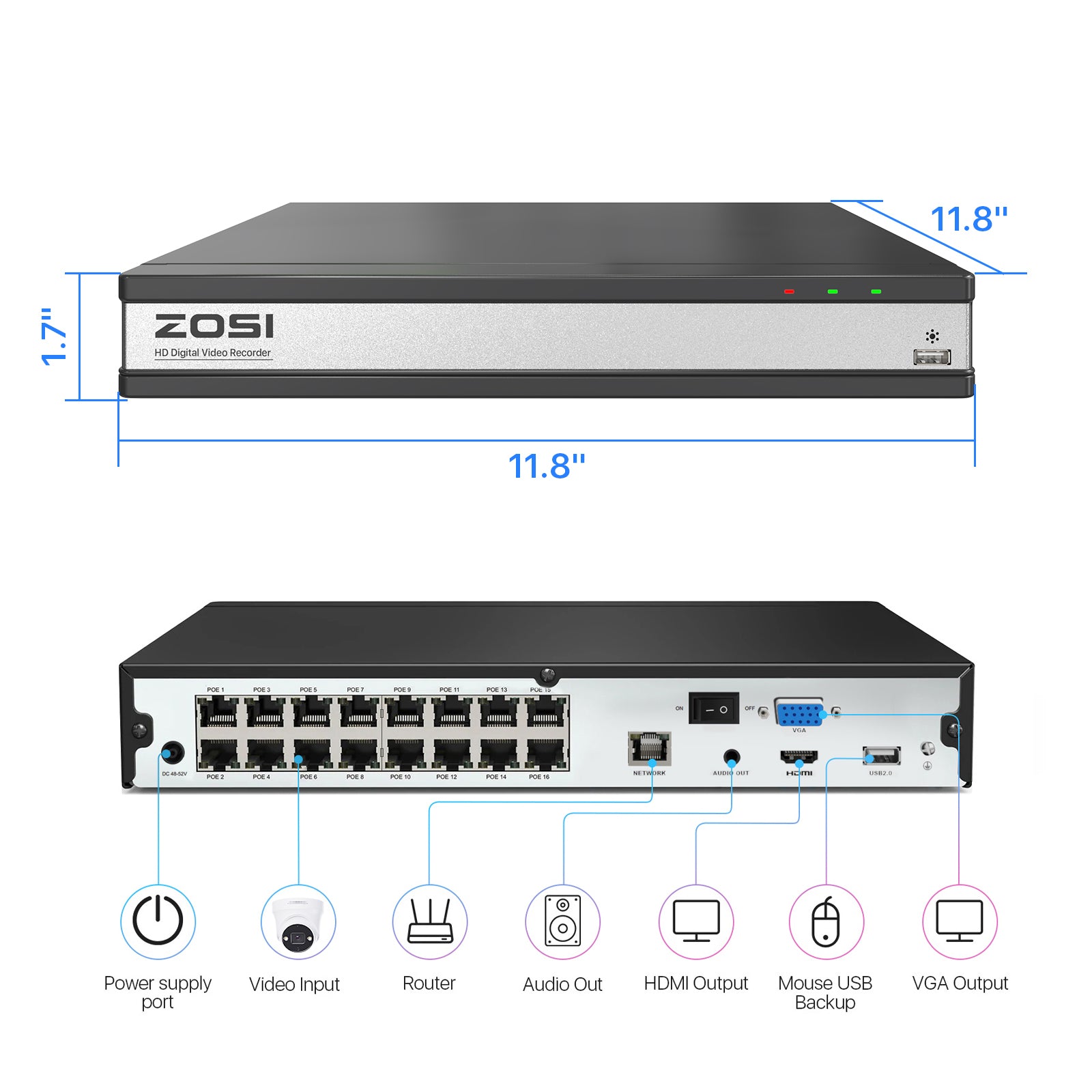 Poe 5MP 16CH PoE Security System with C225 Outdoor Dome Cameras - Zosi