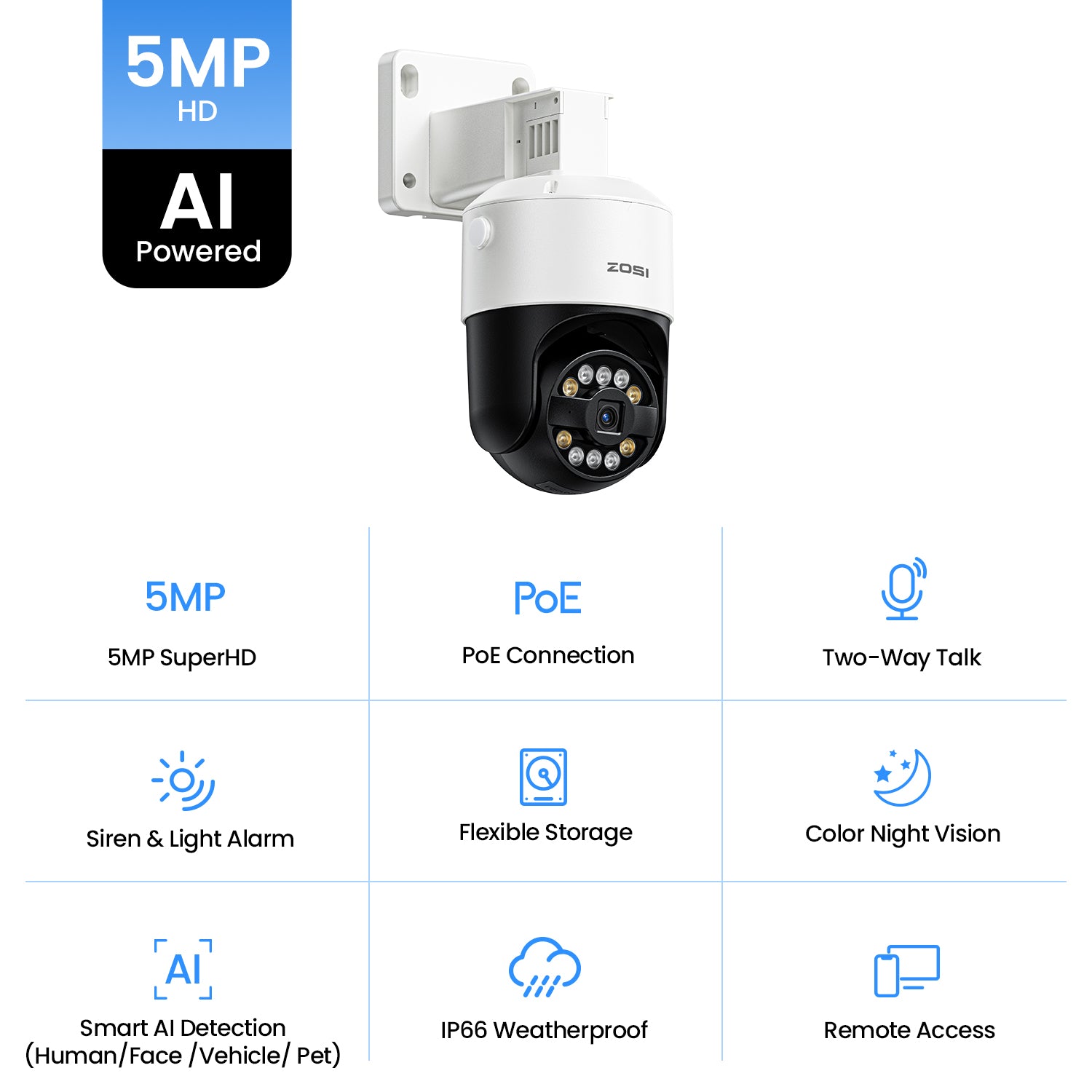 C296B 2pack/4pack 5MP PTZ PoE IP Camera + 60ft Ethernet Cable - Zosi
