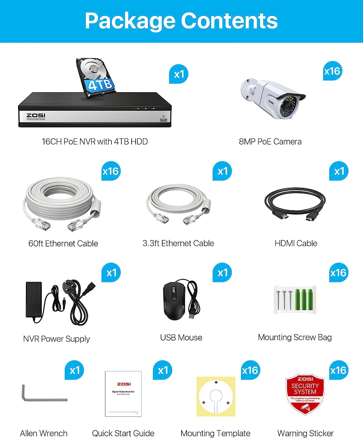 4K 16CH NVR & 8pcs C105 Camera - PoE Security System - ZOSI ZR16DK ...