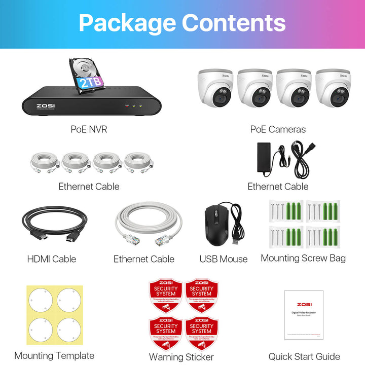 ZOSI 2,5K PoE Bewakingscamera voor Buiten, 8CH 5MP NVR met 2TB HDD, 4X ZOSI 2,5K PoE Bewakingscamera voor Buiten, 8CH 5MP NVR met 2TB HDD, 4X