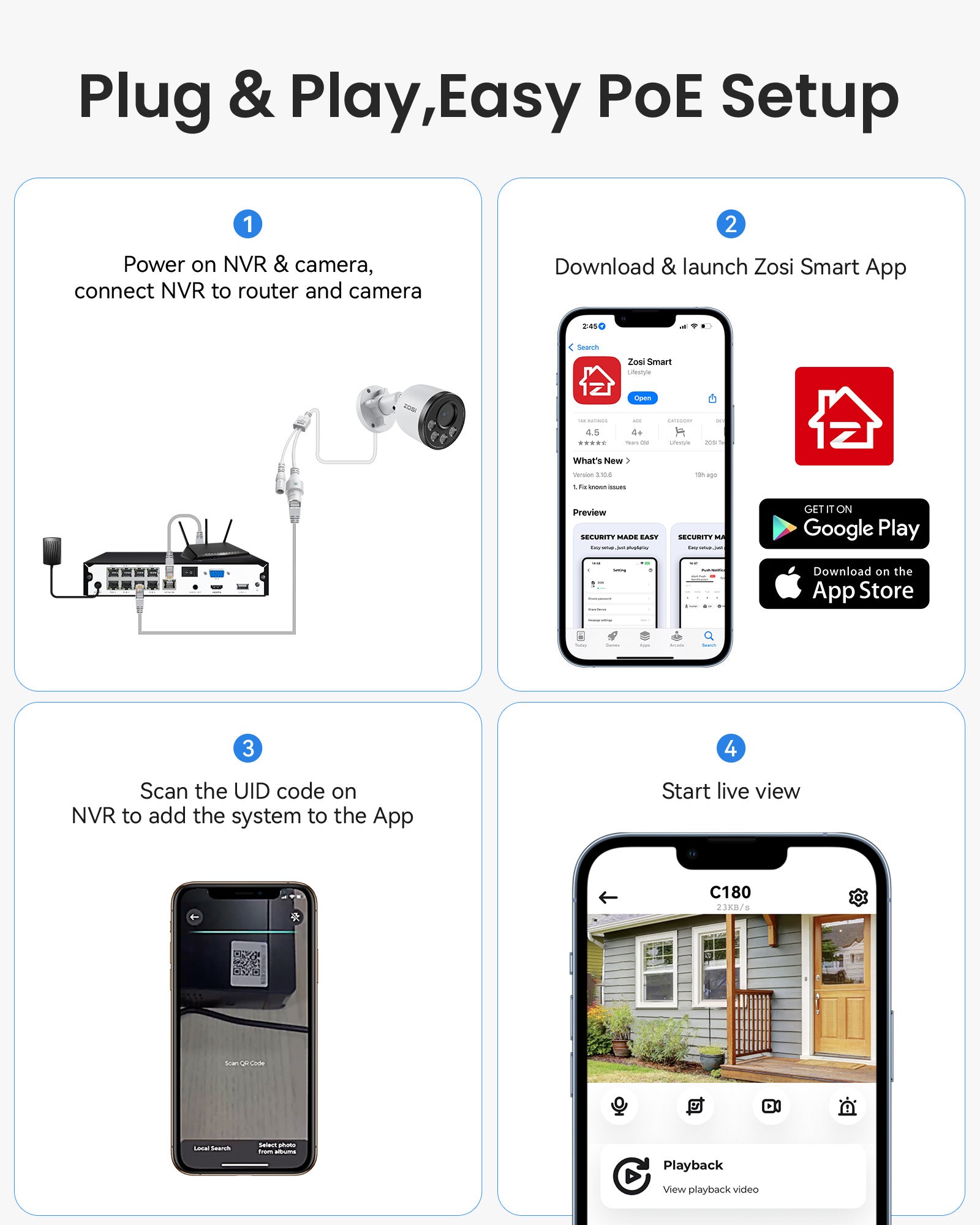 C180 4K 8CH PoE Security Camera System | 100ft Night Vision | ZOSI