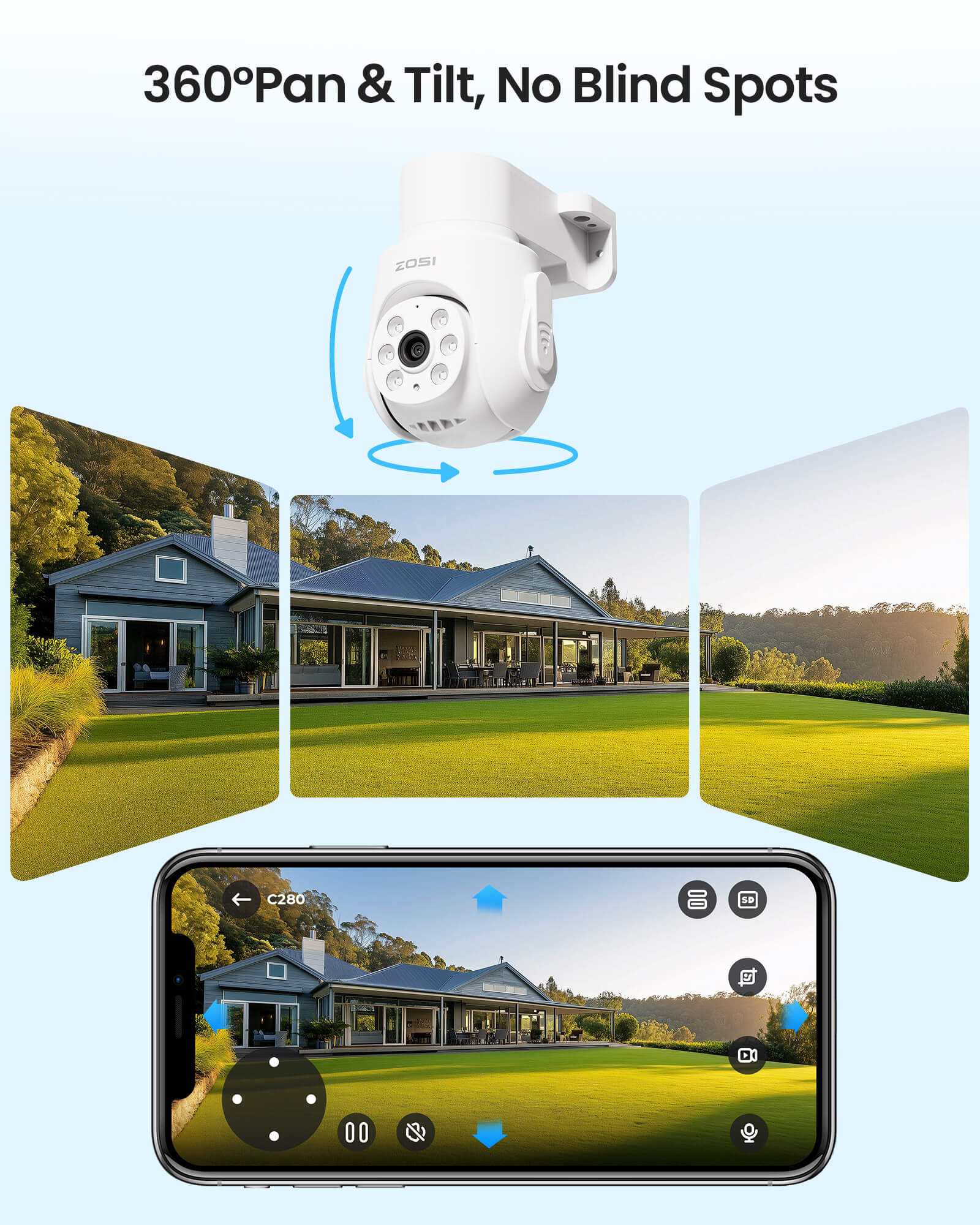 C280 2MP Pan Tilt Security Camera System | One-Way Audio | ZOSI