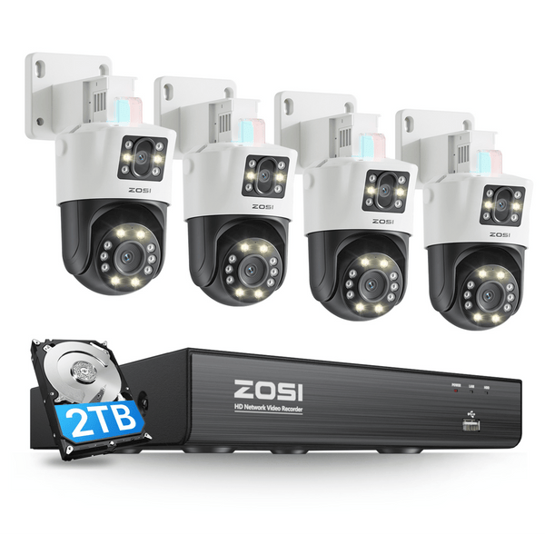 C298 Dual-Lens PT PoE Security Camera System + 8CH 4K PoE NVR with 2TB HDD
