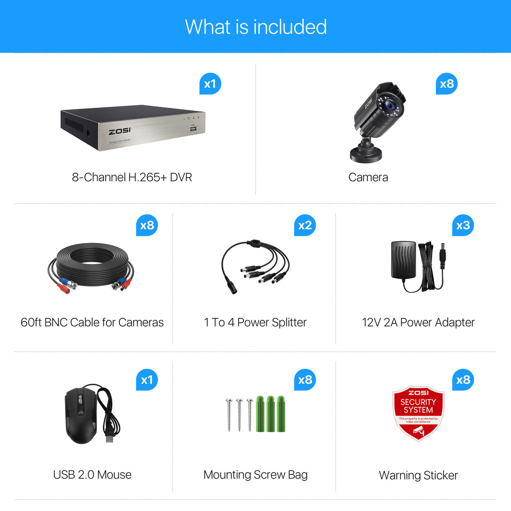 その他 2SB10 Zosi 2MP 8CH DVR & C211 Camera - Analog Security System - ZR08MN +